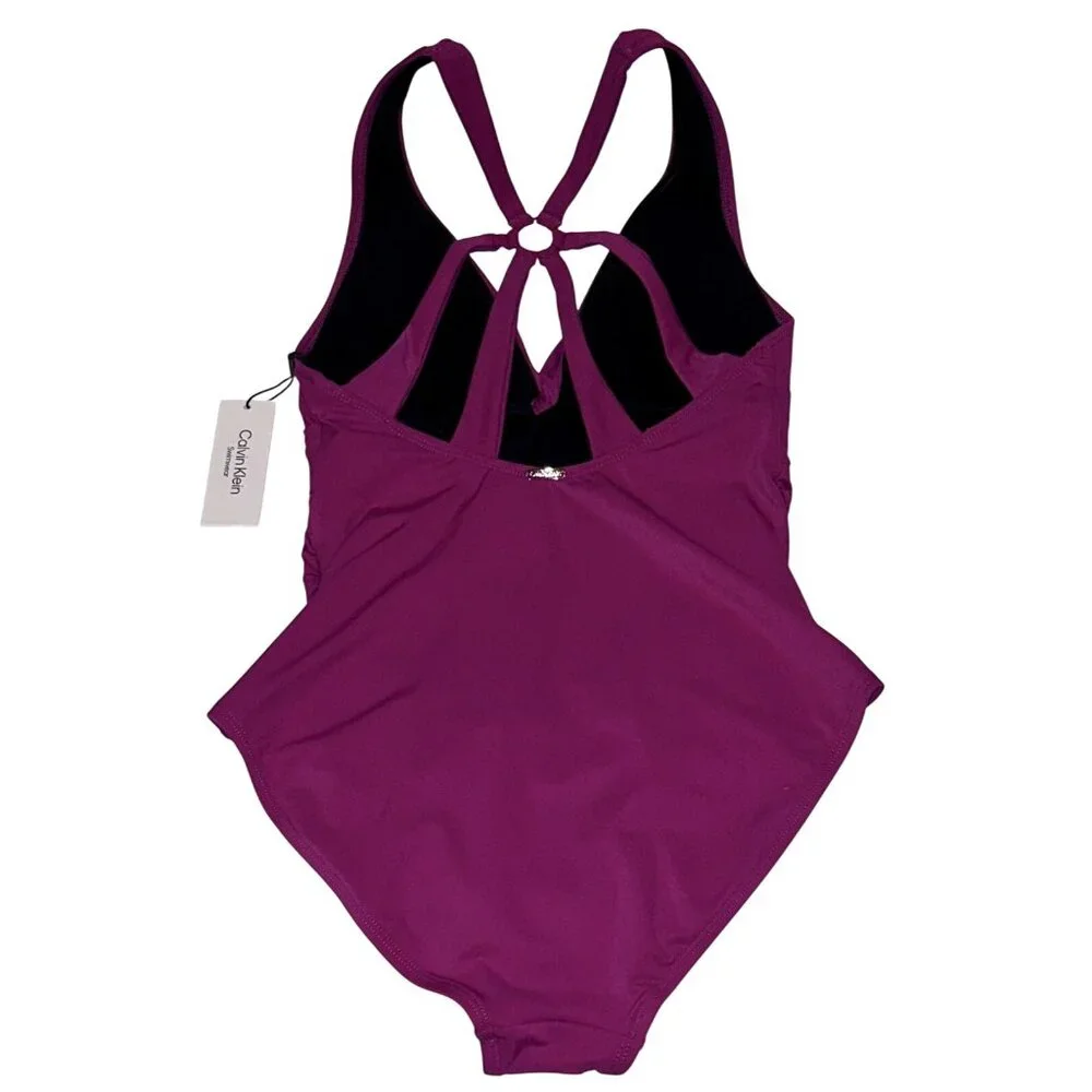 Calvin Klein 10 Boysenberry Cutout Ring Back Twist-Front Swimwear One-Piece Swim_7